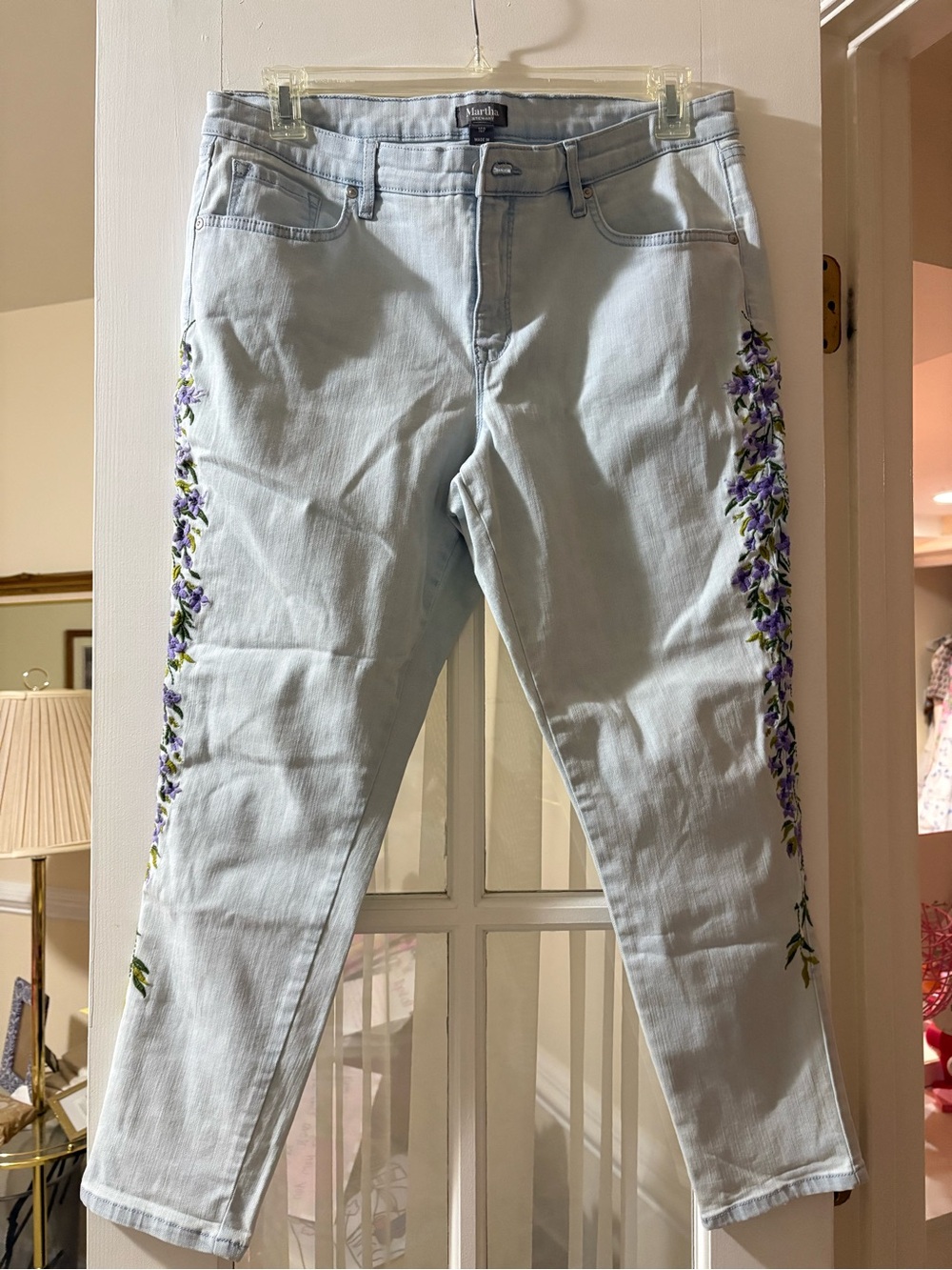 Martha Stewart Light Blue Ankle Jeans with Purple Floral Side Embroidery